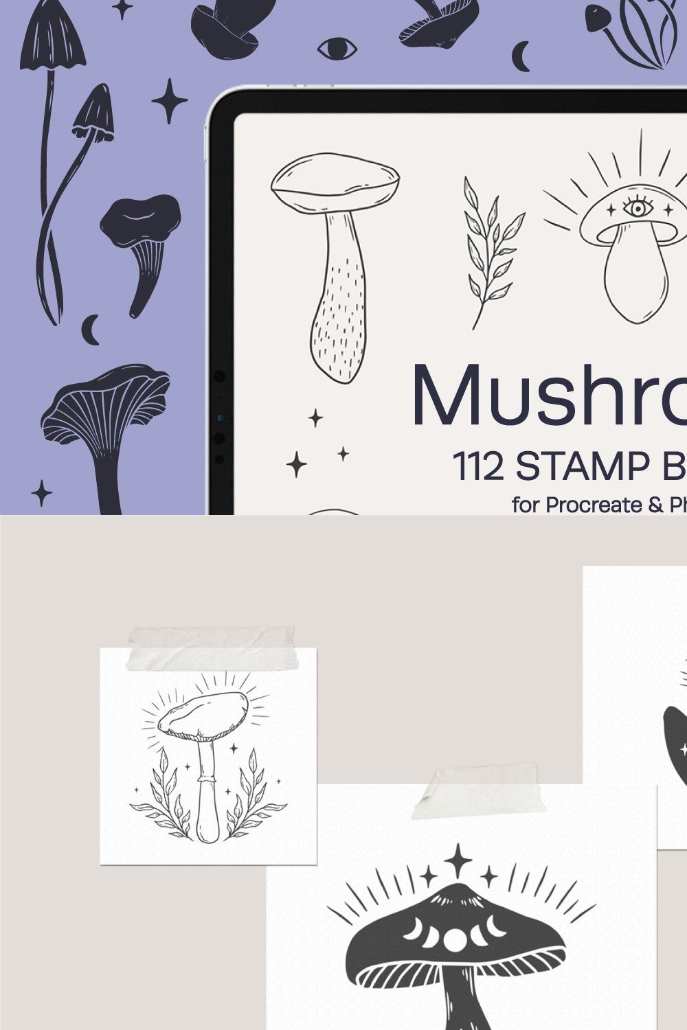 Mushrooms Procreate Stamp Brushes pinterest preview image.