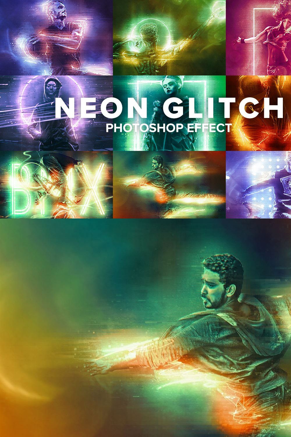 Neon Glitch Photoshop Effect pinterest preview image.