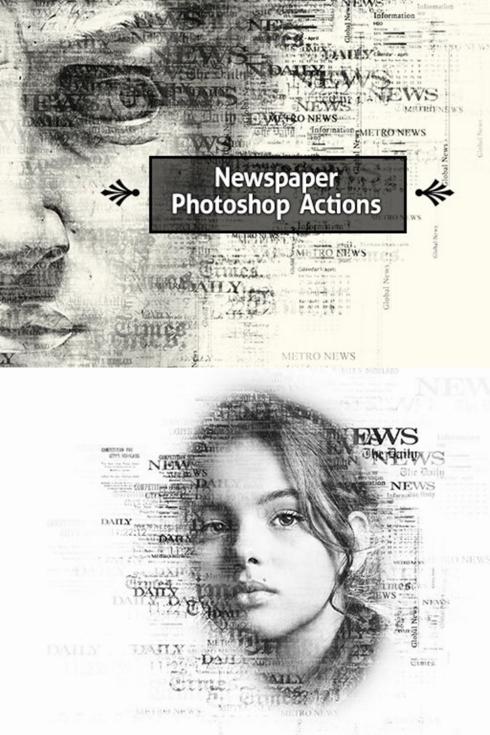 Newspaper Text Photoshop Action pinterest preview image.