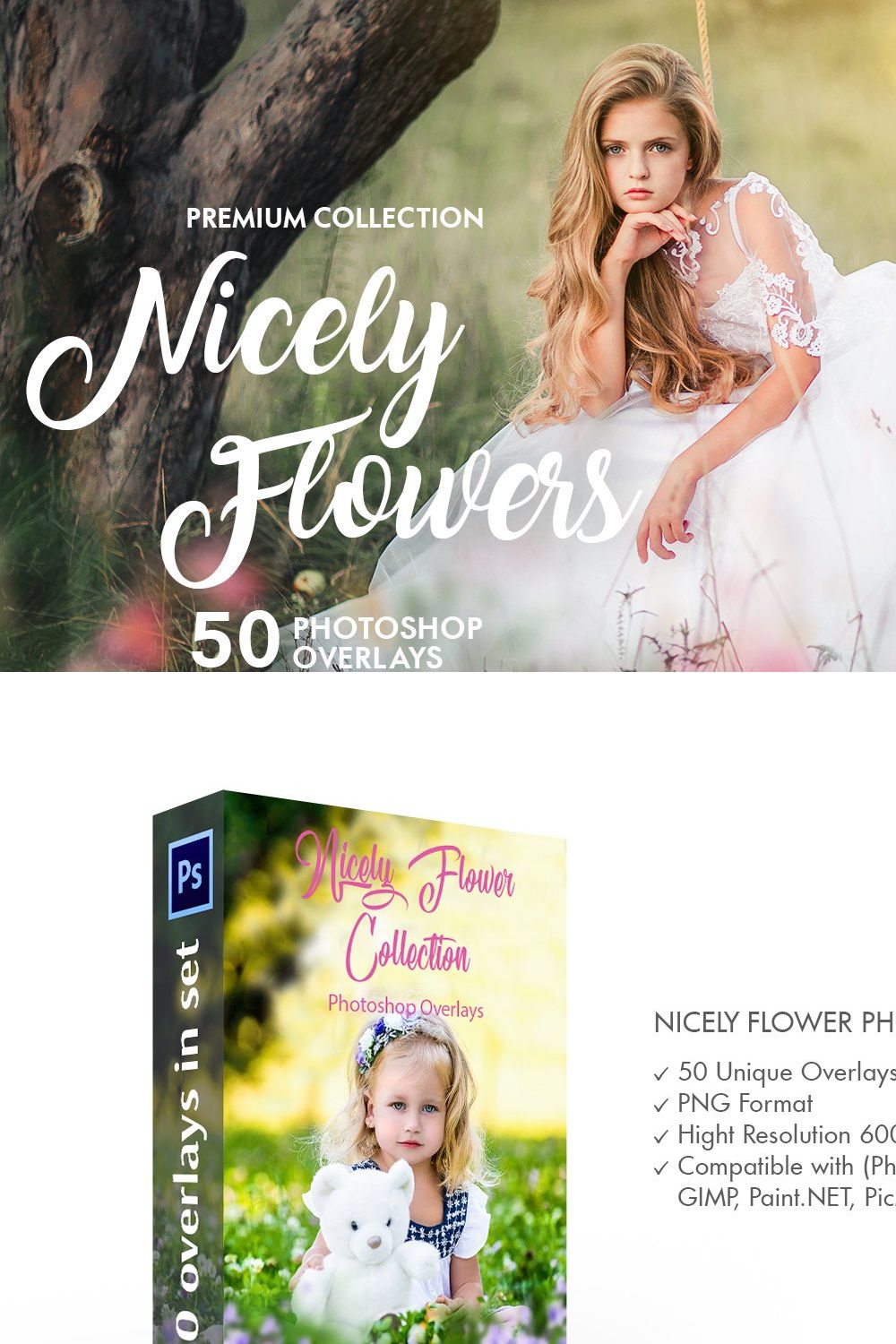 Nicely Flower Overlay Photoshop pinterest preview image.