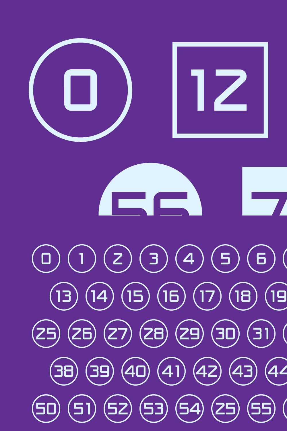 An example of a font with white numbers in circles on a purple background.