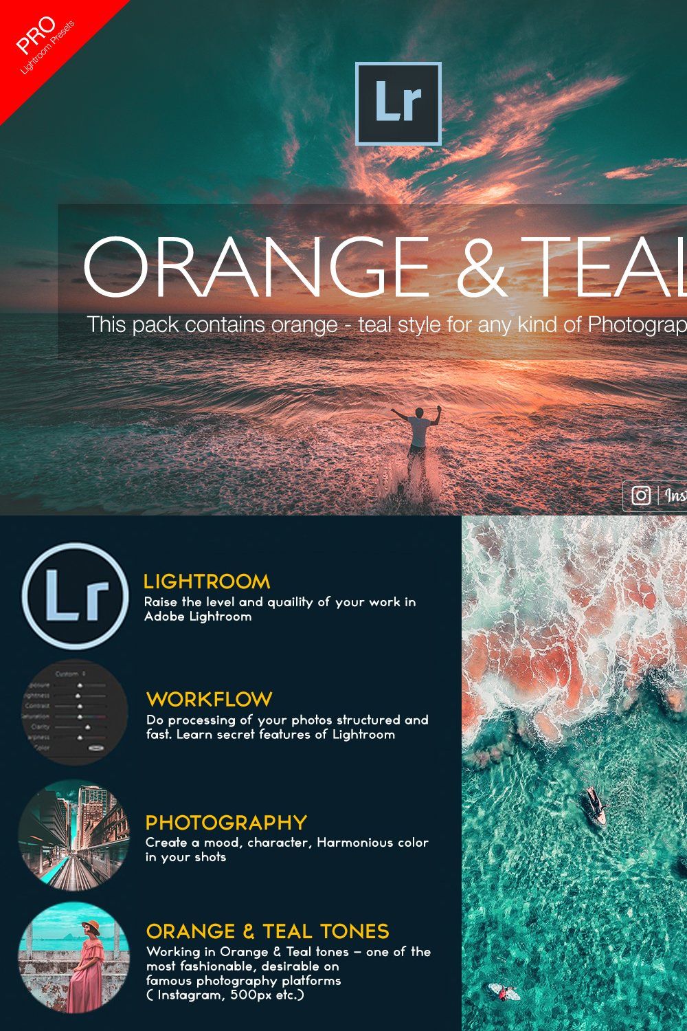 Orange & Teal Lightroom Presets pinterest preview image.