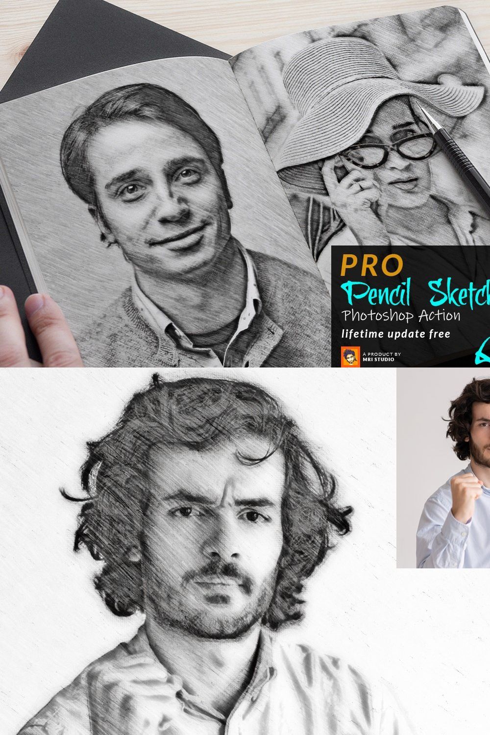 Pencil Sketch Portrait PS Action pinterest preview image.