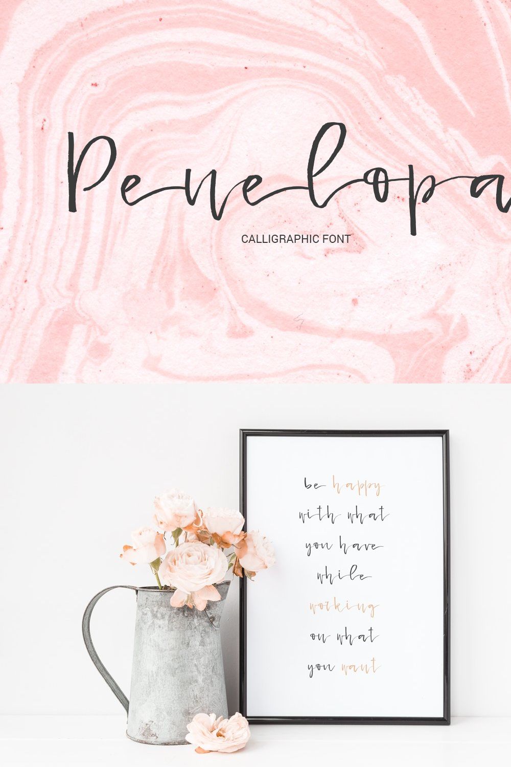 Penelopa - gentle calligraphic font pinterest preview image.