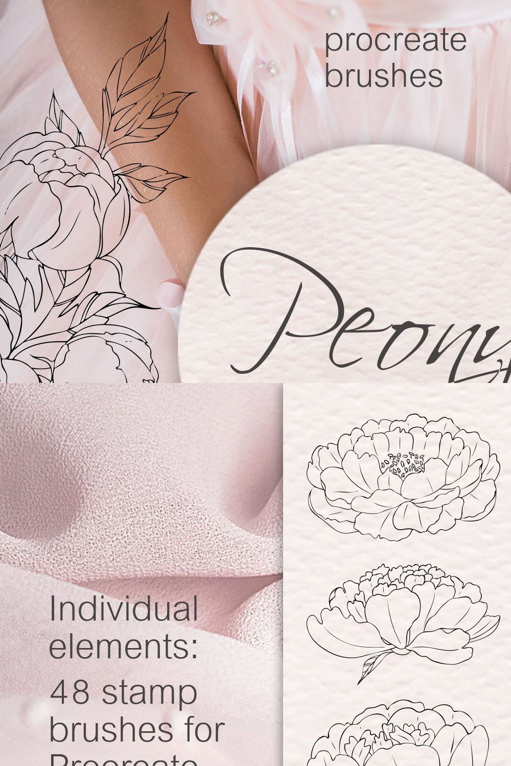 Peony procreate stamps, cliparts pinterest preview image.