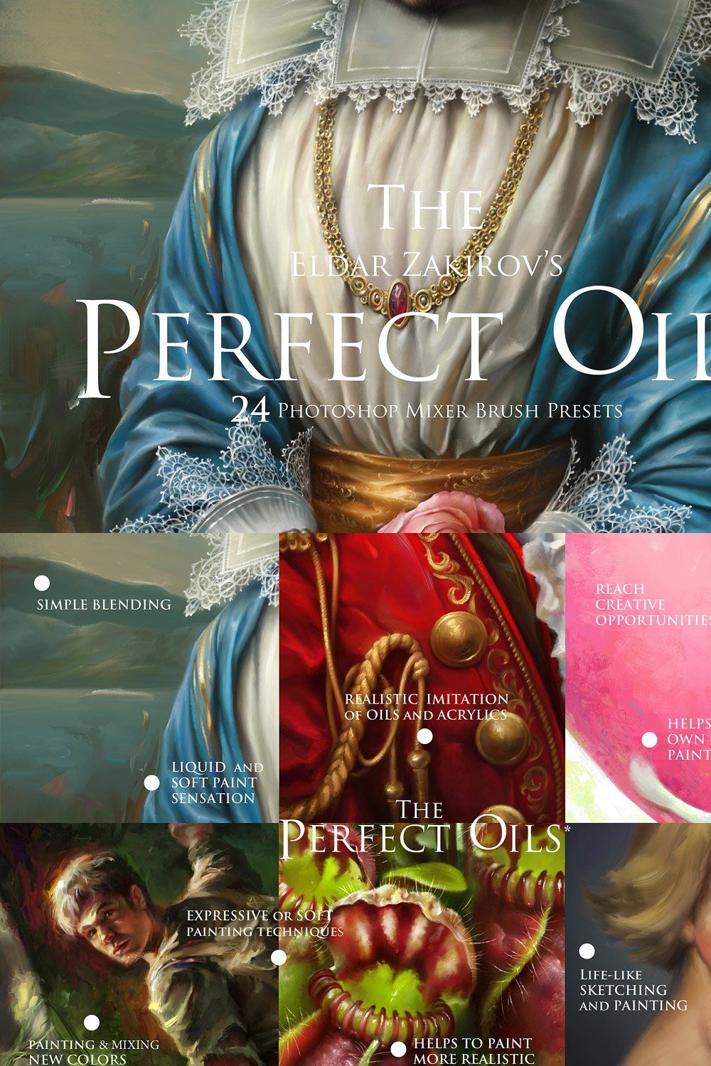 Perfect Oils. 24 Photoshop Brushes pinterest preview image.
