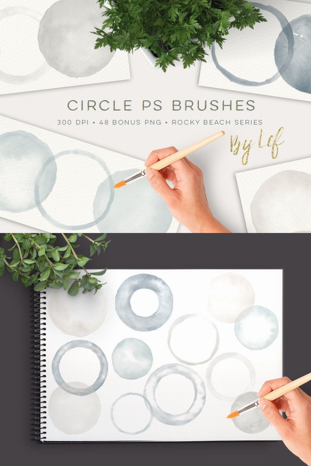 Photoshop Brush set Round Watercolor pinterest preview image.
