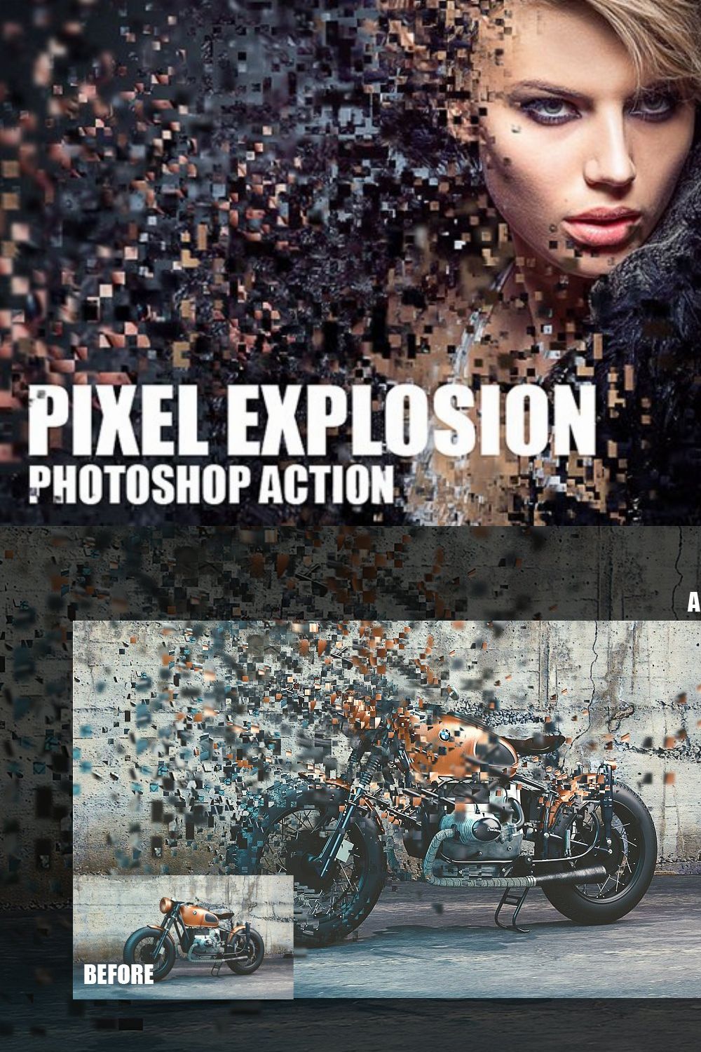 Pixel Explosion Photoshop Action pinterest preview image.