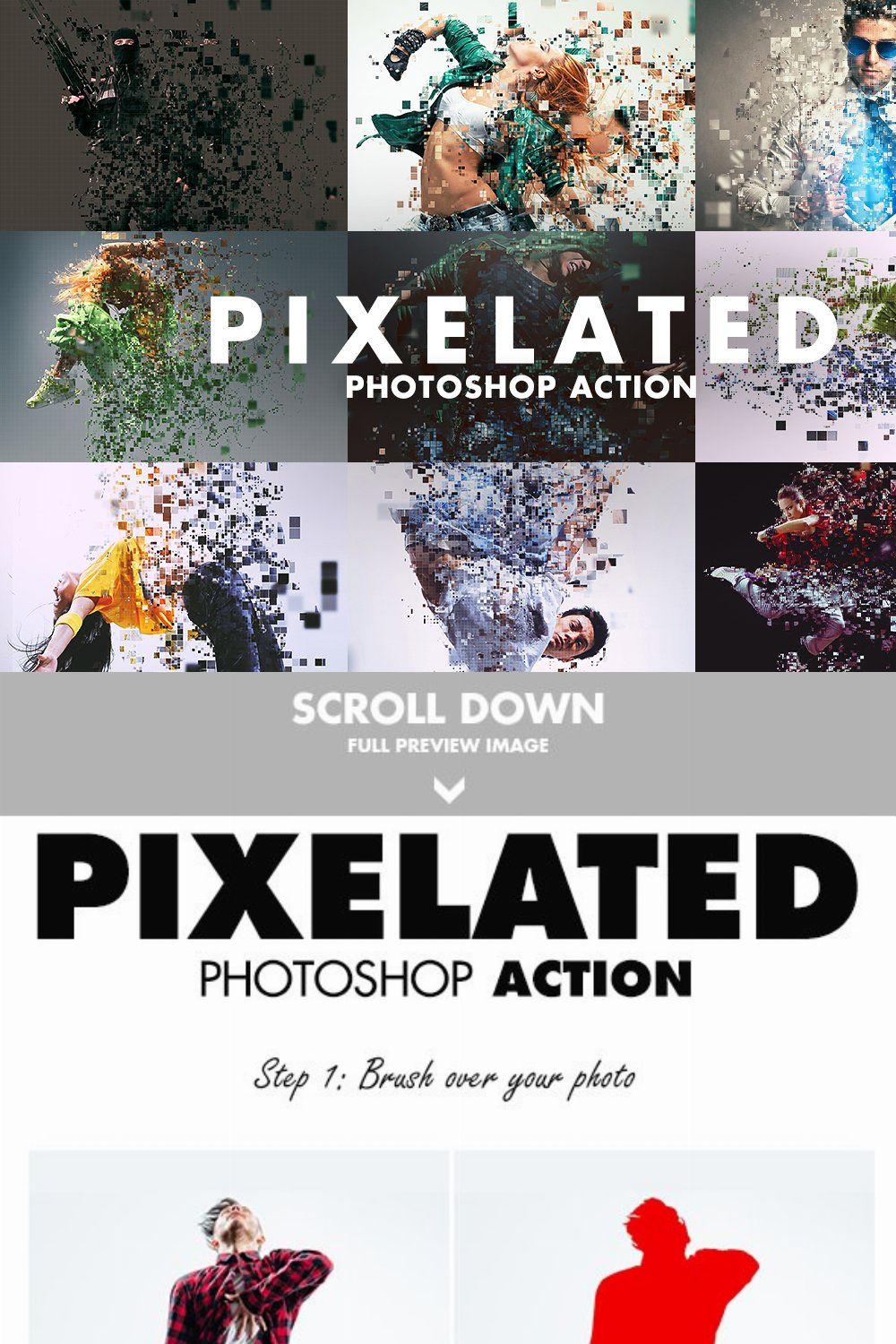 Pixelated Photoshop Action pinterest preview image.