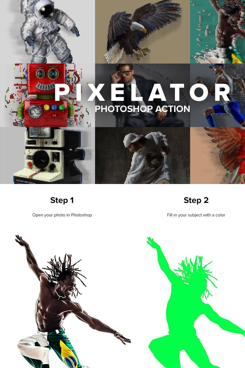 Pixelator Photoshop Action pinterest preview image.