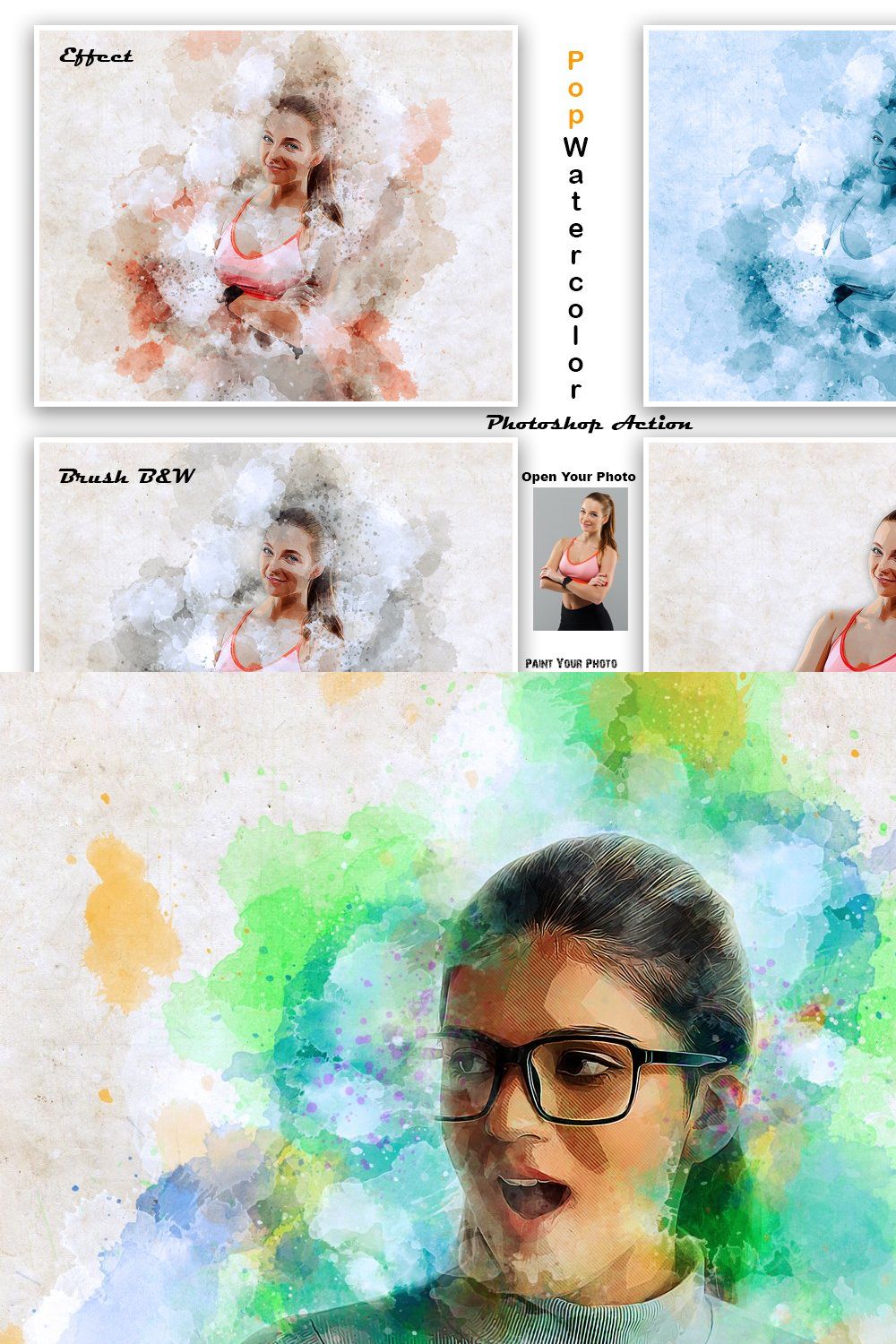 Pop Watercolor Photoshop Action pinterest preview image.