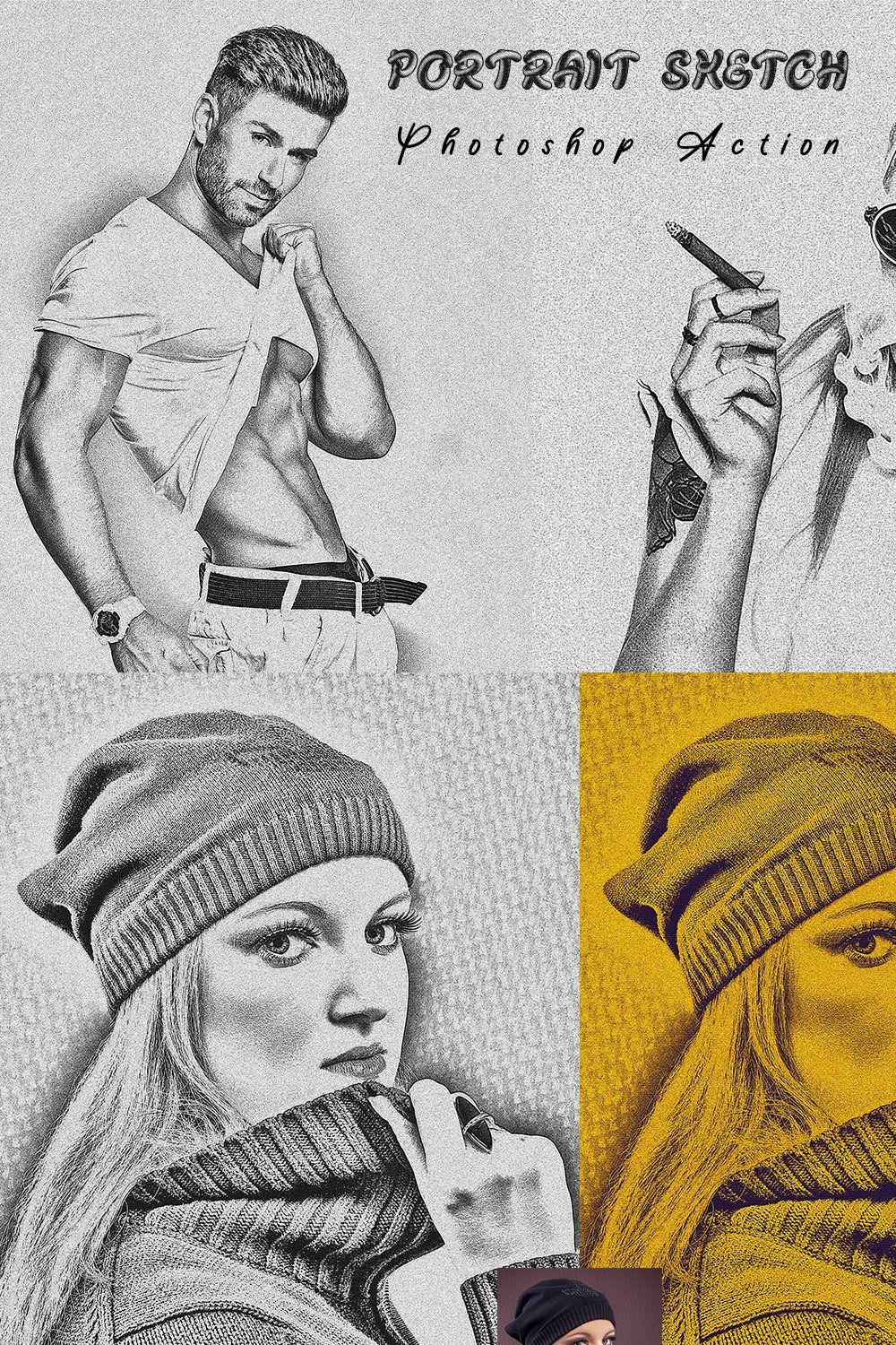 Portrait Sketch Photoshop Action pinterest preview image.