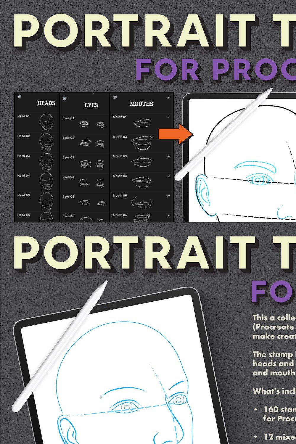 Portrait Toolkit 2 for Procreate pinterest preview image.