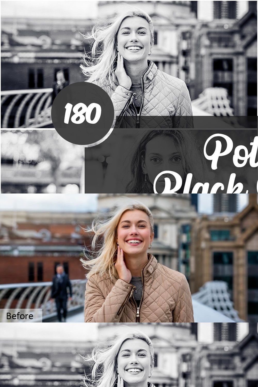 Potrait Black White Photoshop Action pinterest preview image.