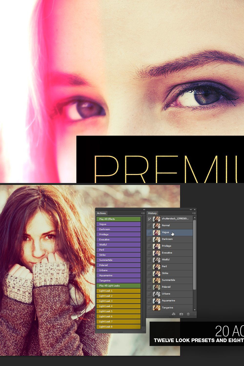 Premium Looks - 20 Photoshop Actions pinterest preview image.