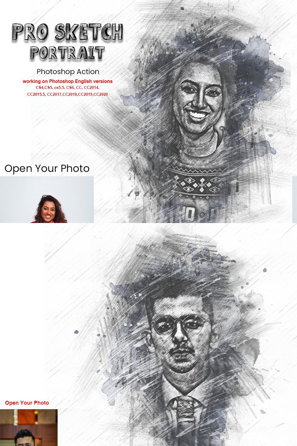 Pro Sketch Portrait Photoshop Action pinterest preview image.