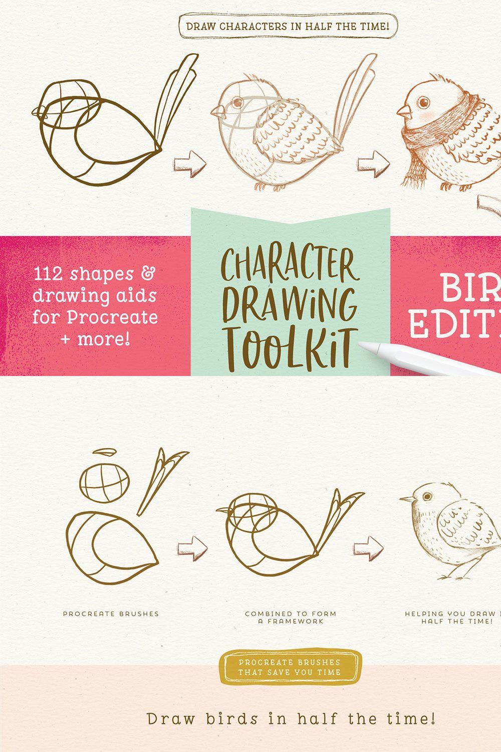 Procreate Bird Drawing Toolkit pinterest preview image.