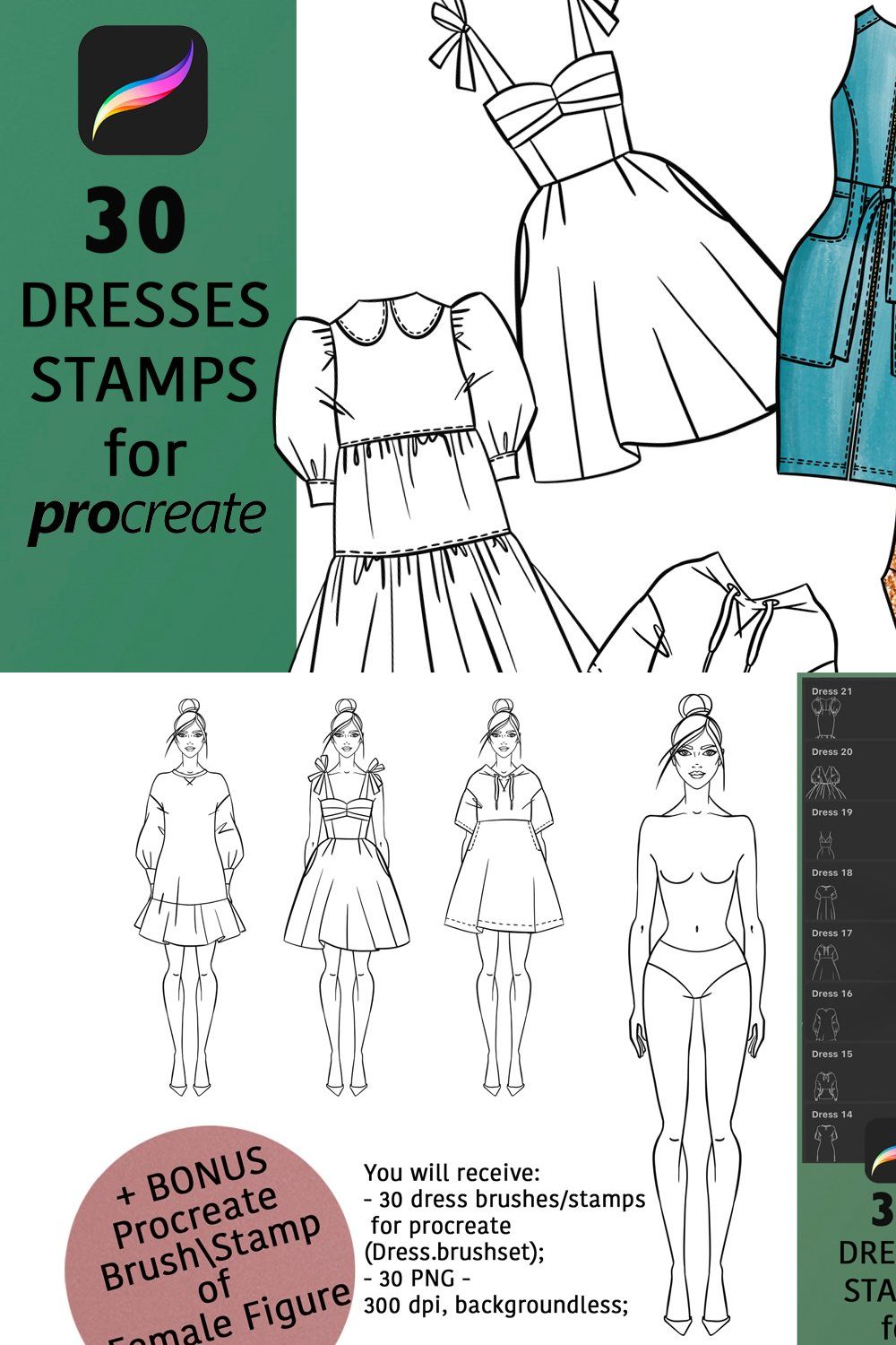 Procreate Brushes Stamps 30 Dresses pinterest preview image.