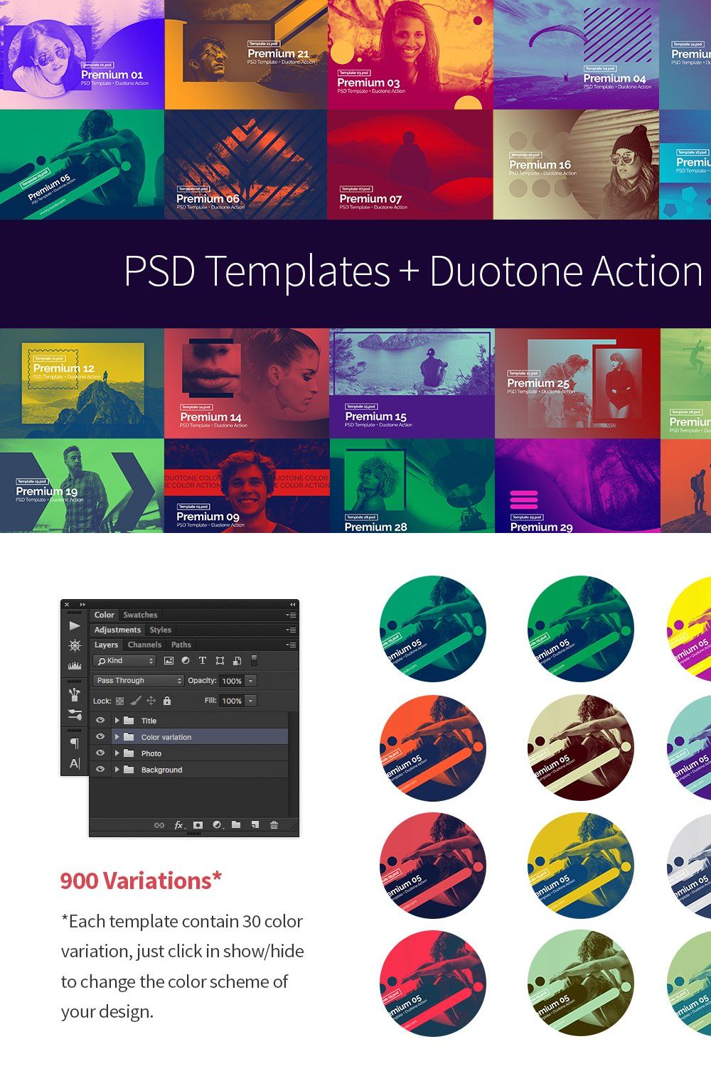 PSD Template + Duotone Action pinterest preview image.