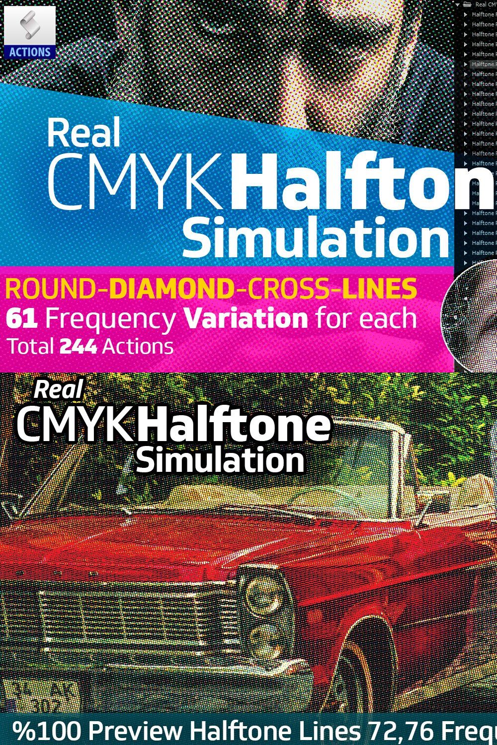 Real CMYK Halftone Simulator Actions pinterest preview image.