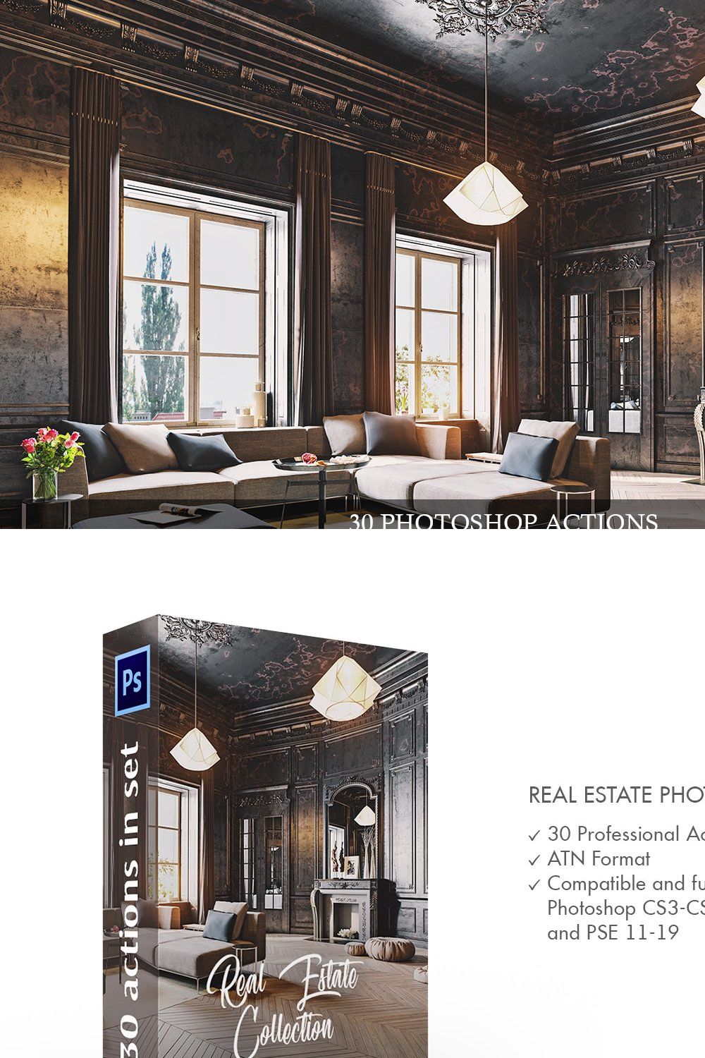 Real Estate Photoshop Actions pinterest preview image.