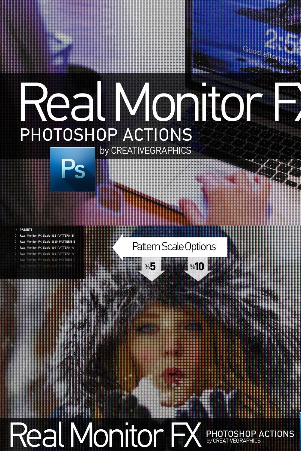 Real Monitor FX Photoshop Action pinterest preview image.