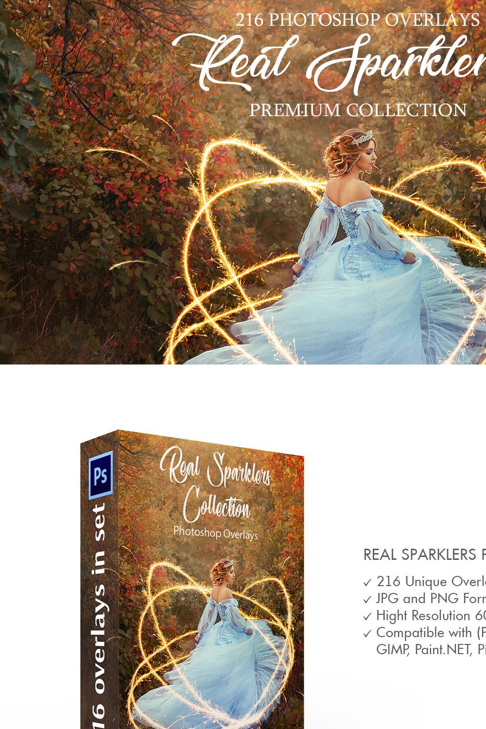 Real Sparklers Photoshop Overlays pinterest preview image.