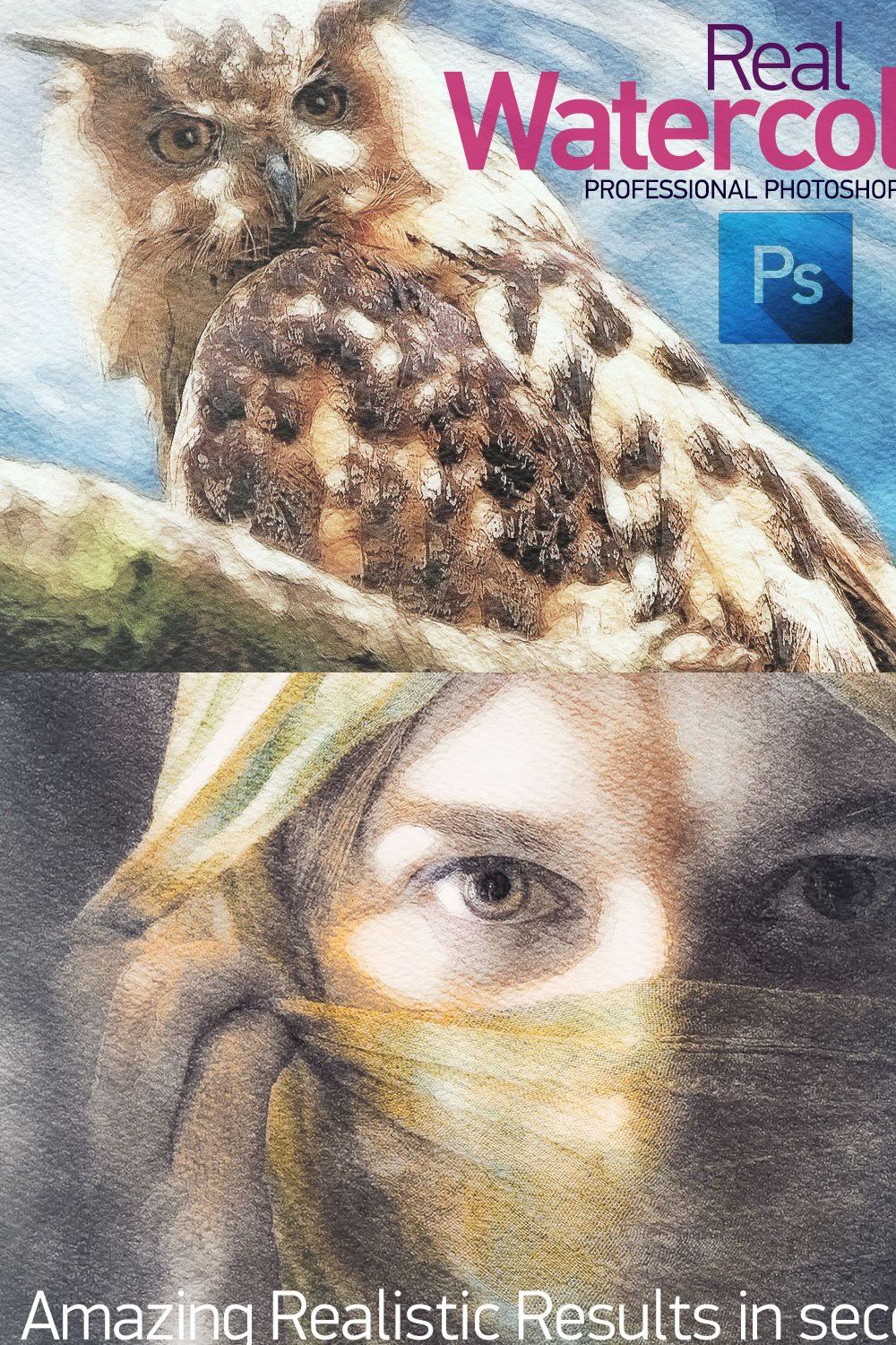 Real Watercolor - Photoshop Action pinterest preview image.