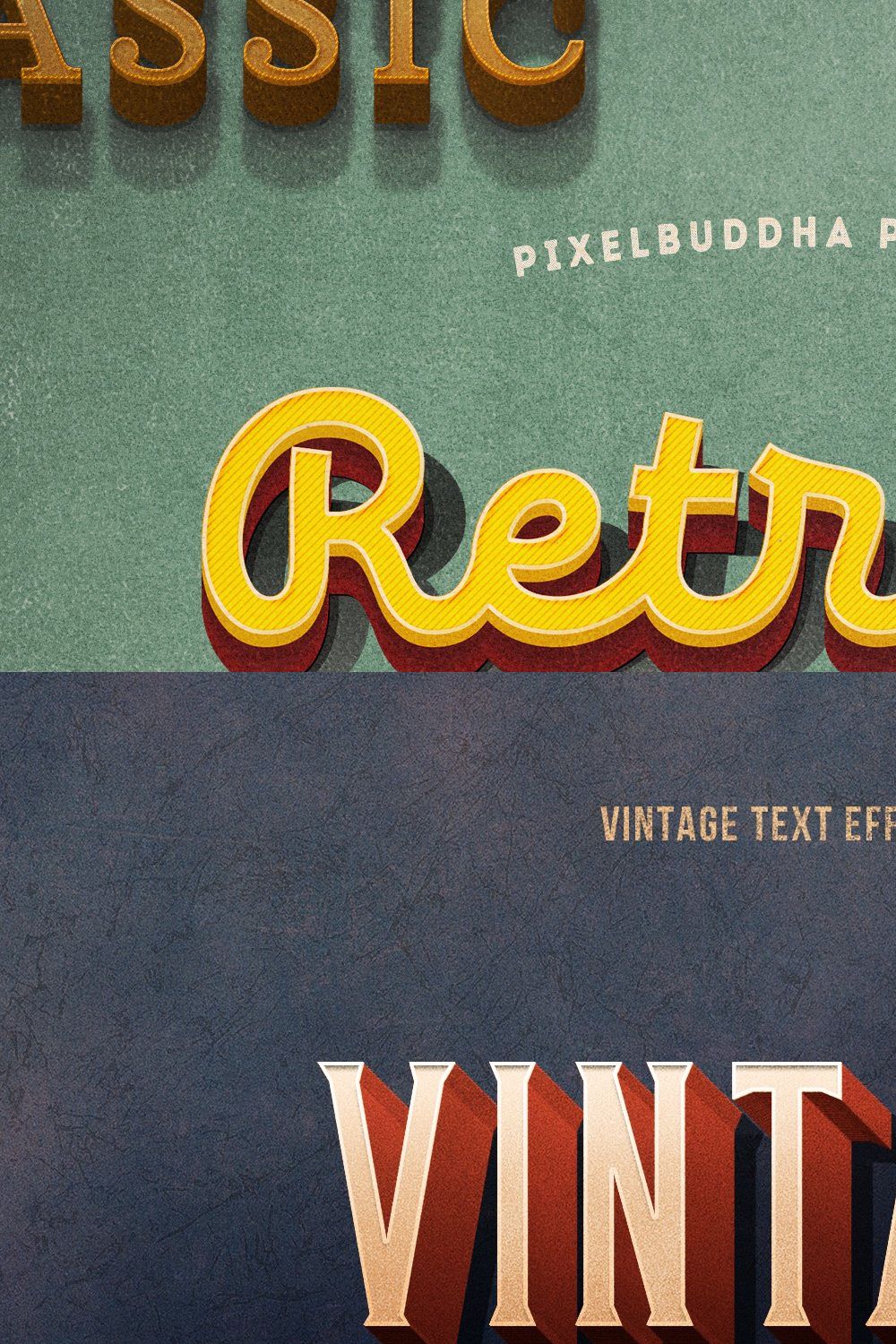 Retrica: Vintage Text Effects Pack pinterest preview image.