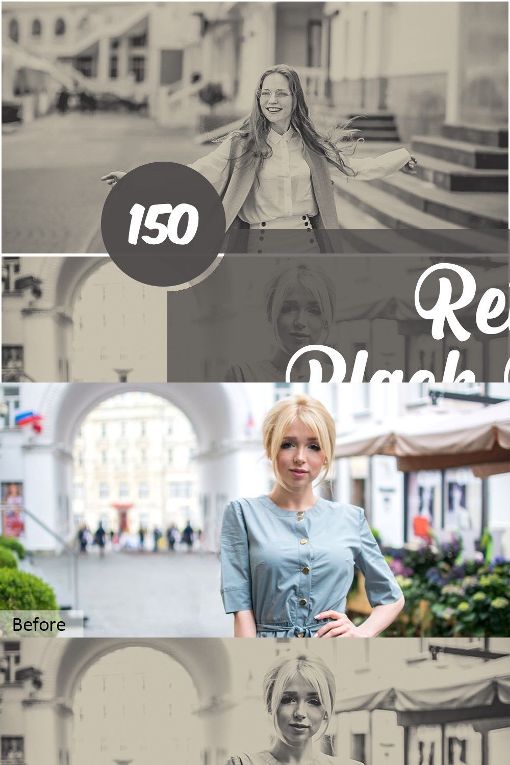 Retro Black White Photoshop Actions pinterest preview image.