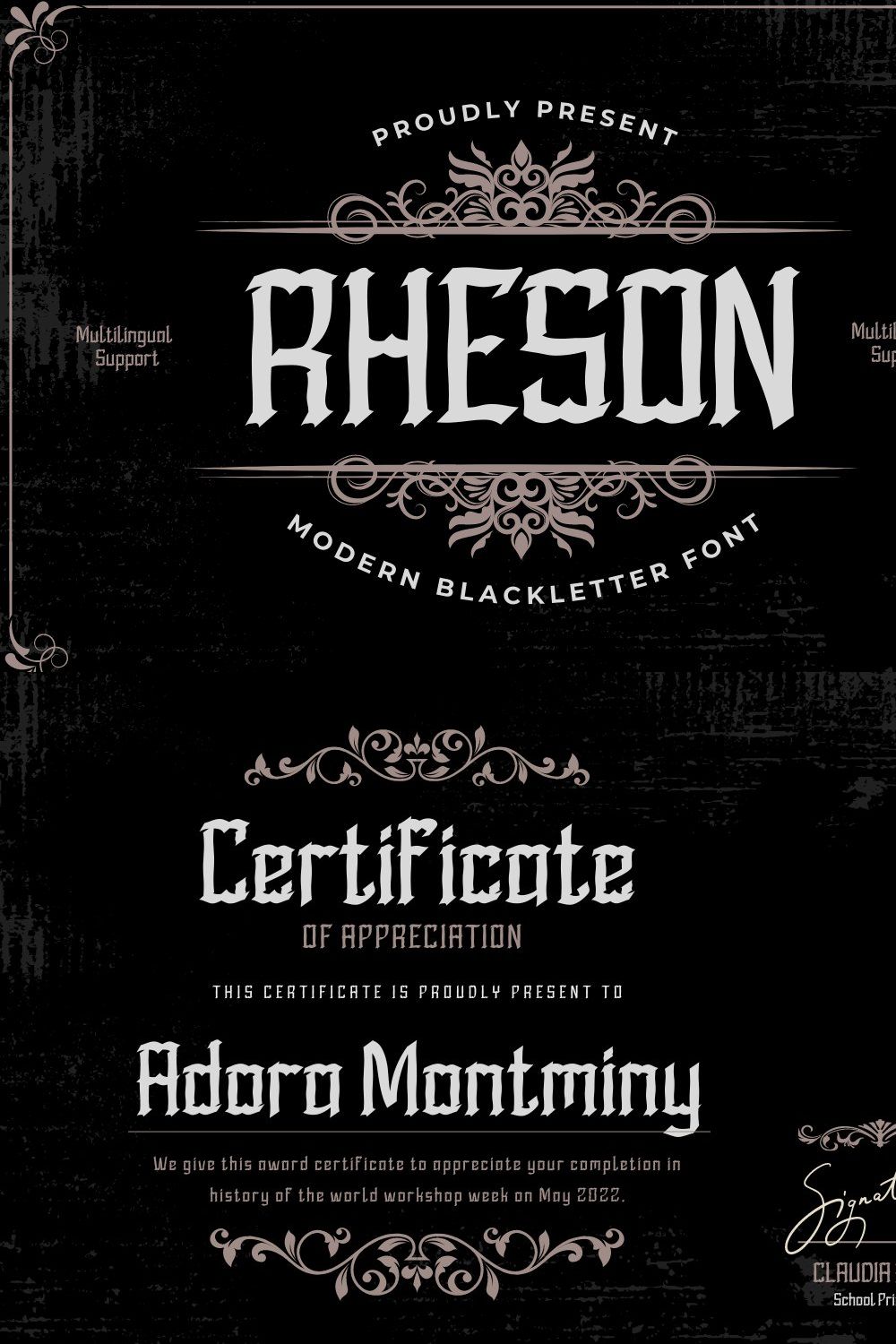 RHESON Blackletter font pinterest preview image.