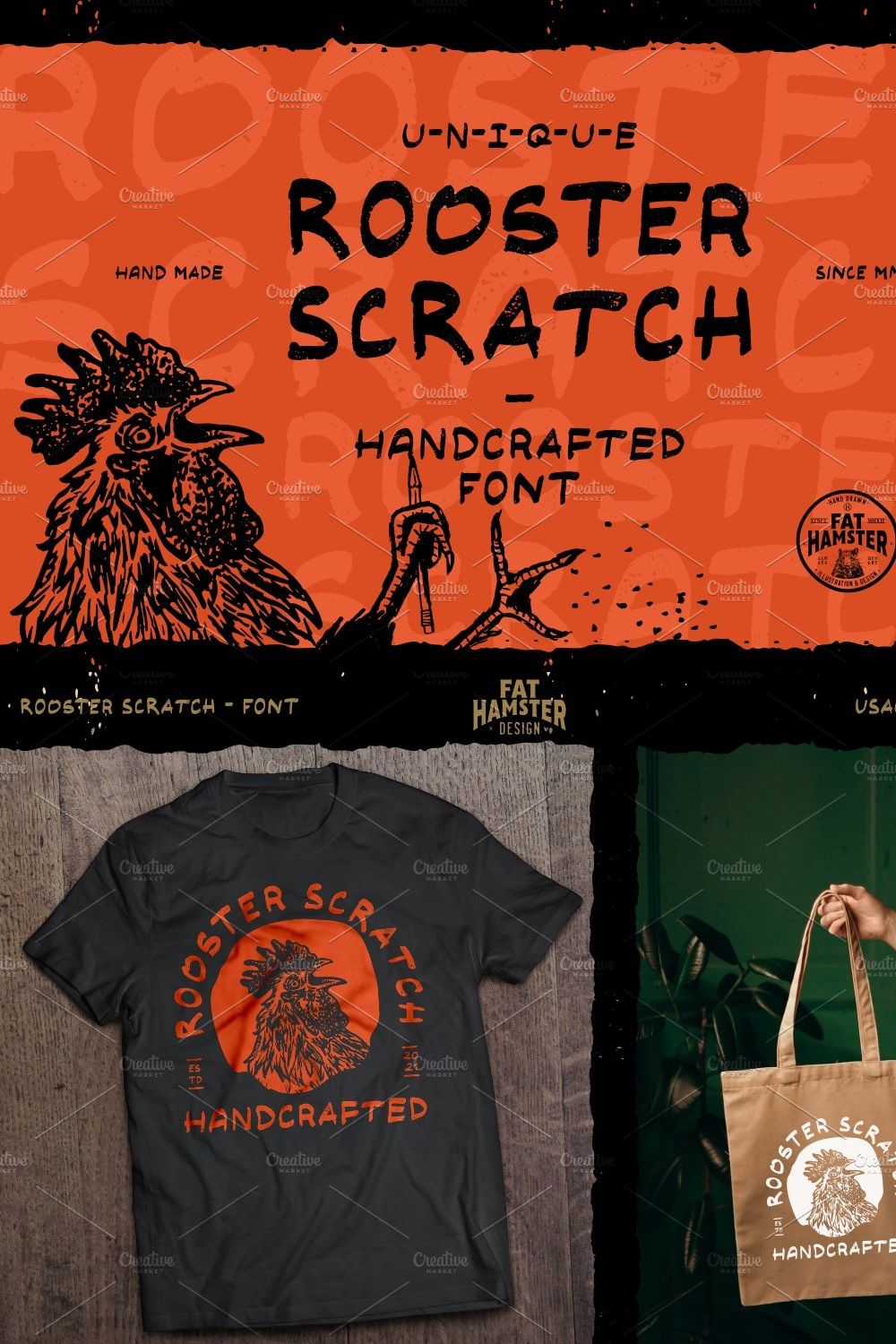 Rooster Scratch handcrafted font pinterest preview image.