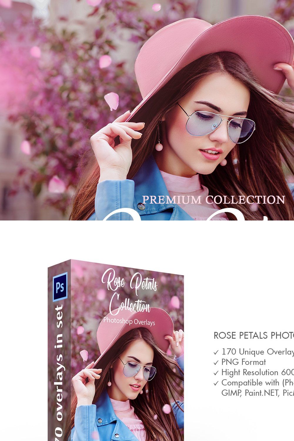 Rose Petals Photoshop Overlays pinterest preview image.