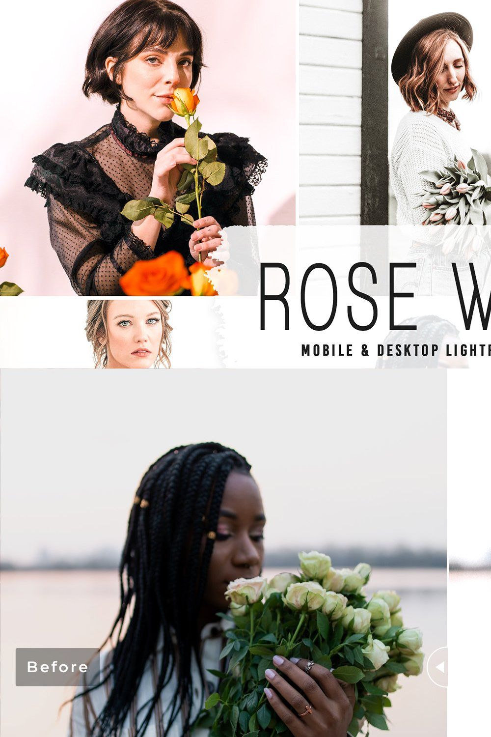 Rose White Pro Lightroom Presets pinterest preview image.