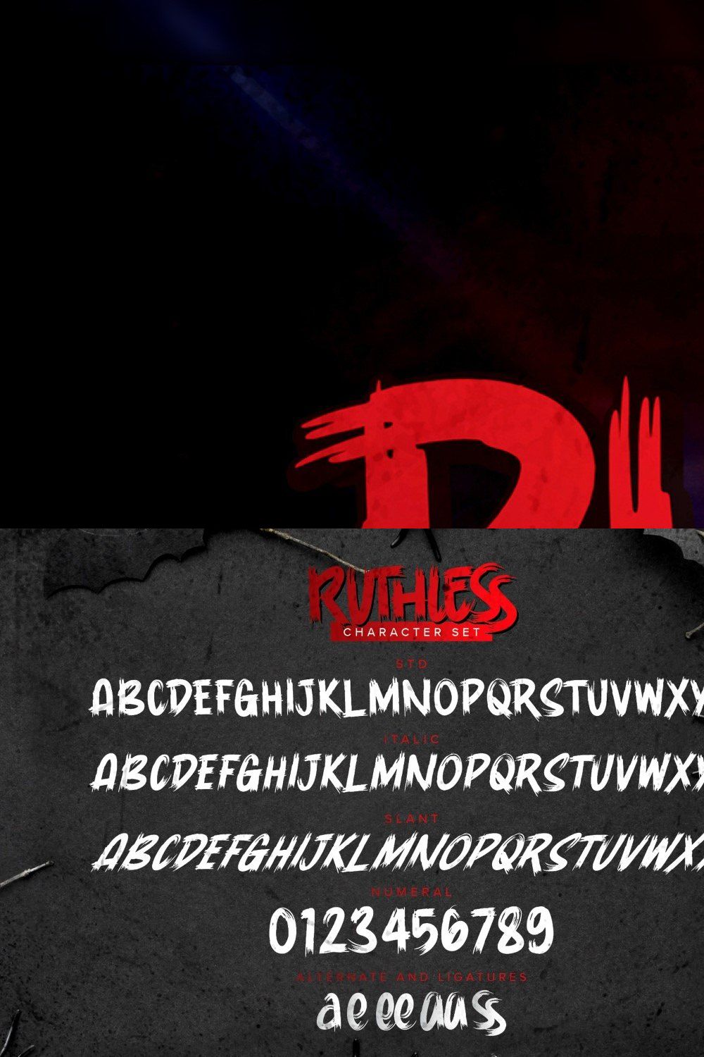 Ruthless - Horror Brush Font pinterest preview image.