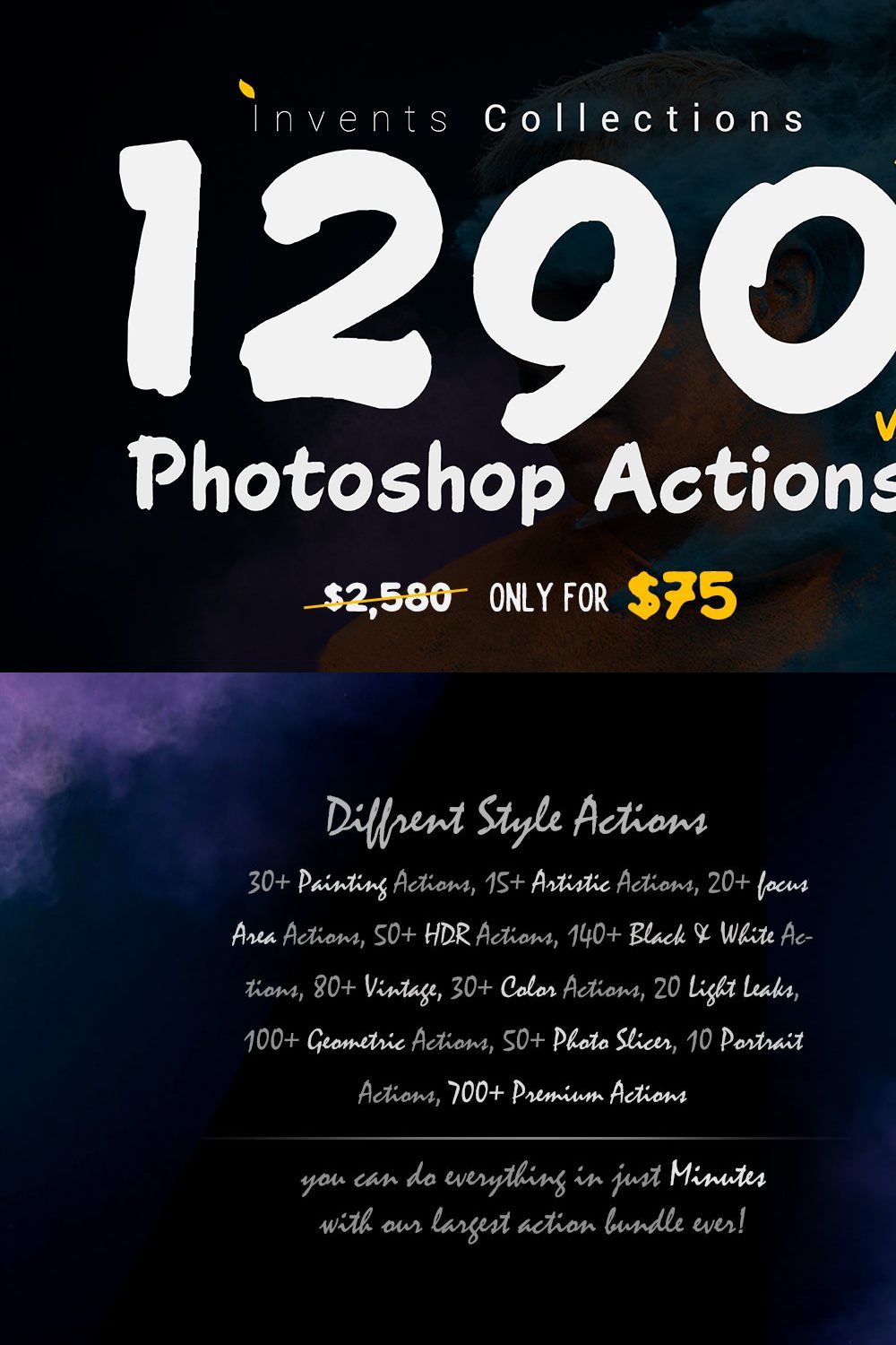 SALE - 1290 Photoshop Actions pinterest preview image.