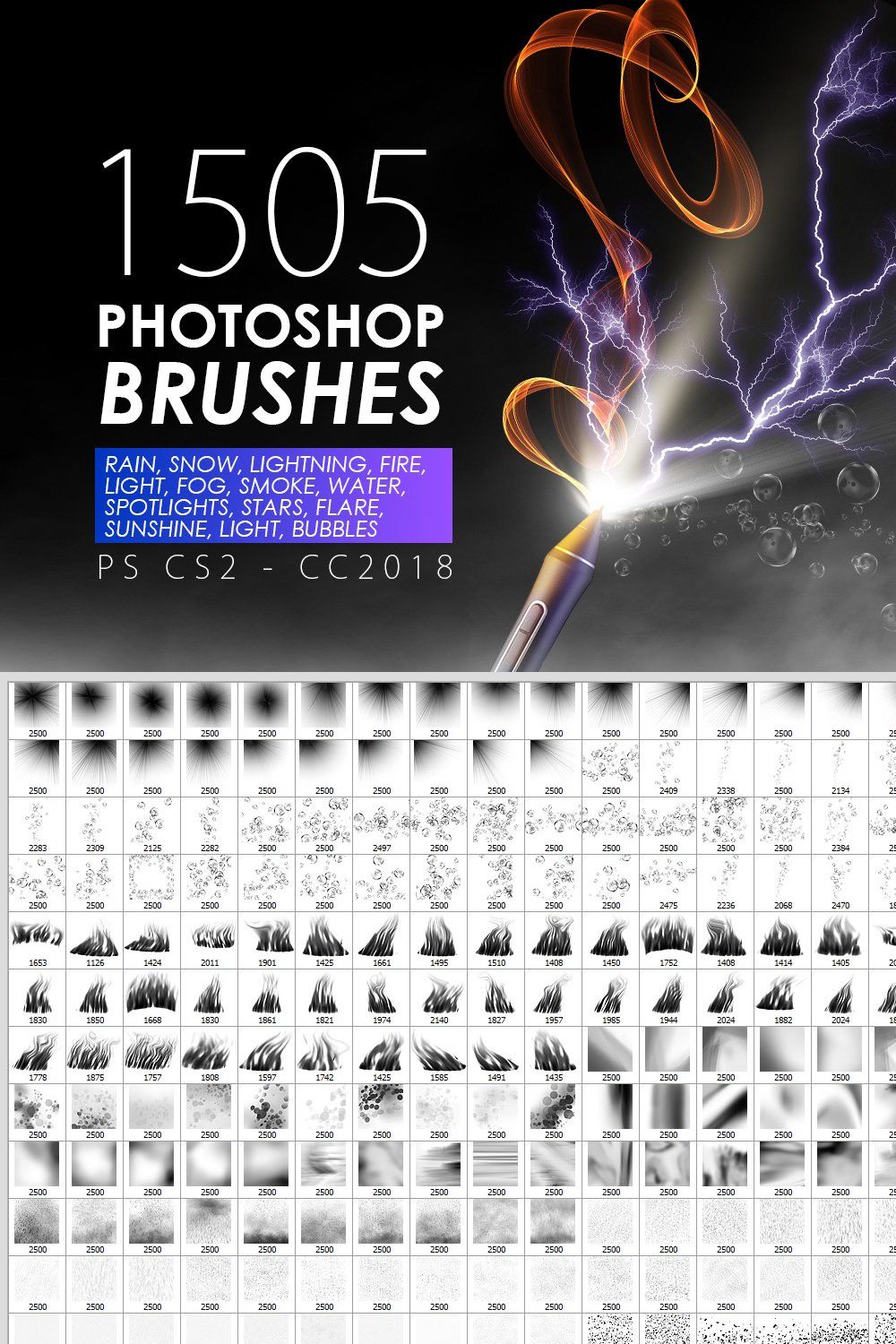 SALE! 1505 VFX Photoshop Brushes pinterest preview image.
