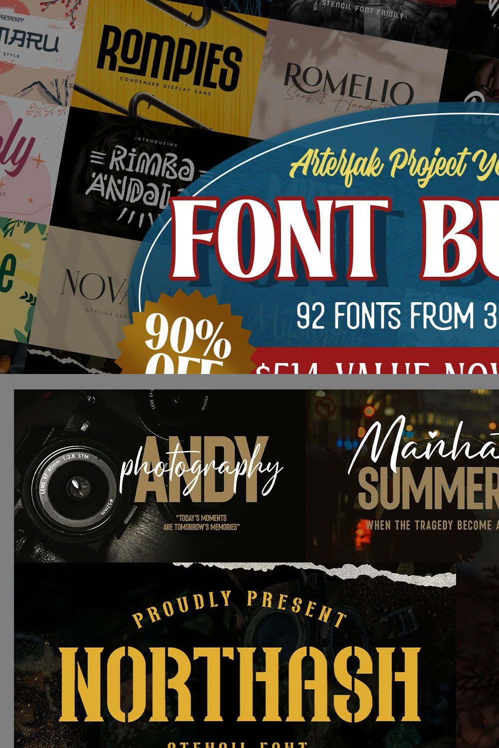 SALE! Font Bundle 90% OFF pinterest preview image.