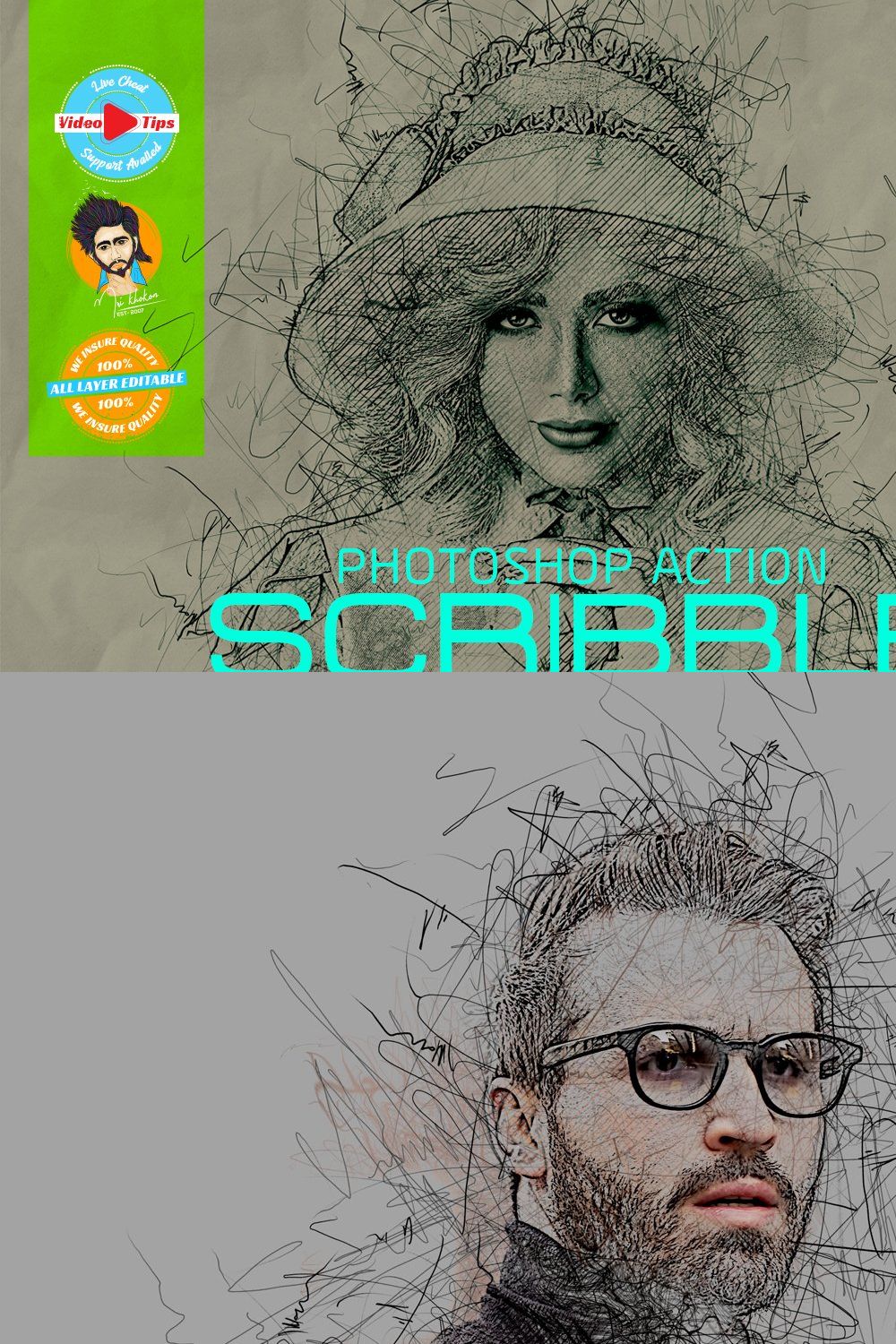 Scribble Sketch Photoshop Action pinterest preview image.