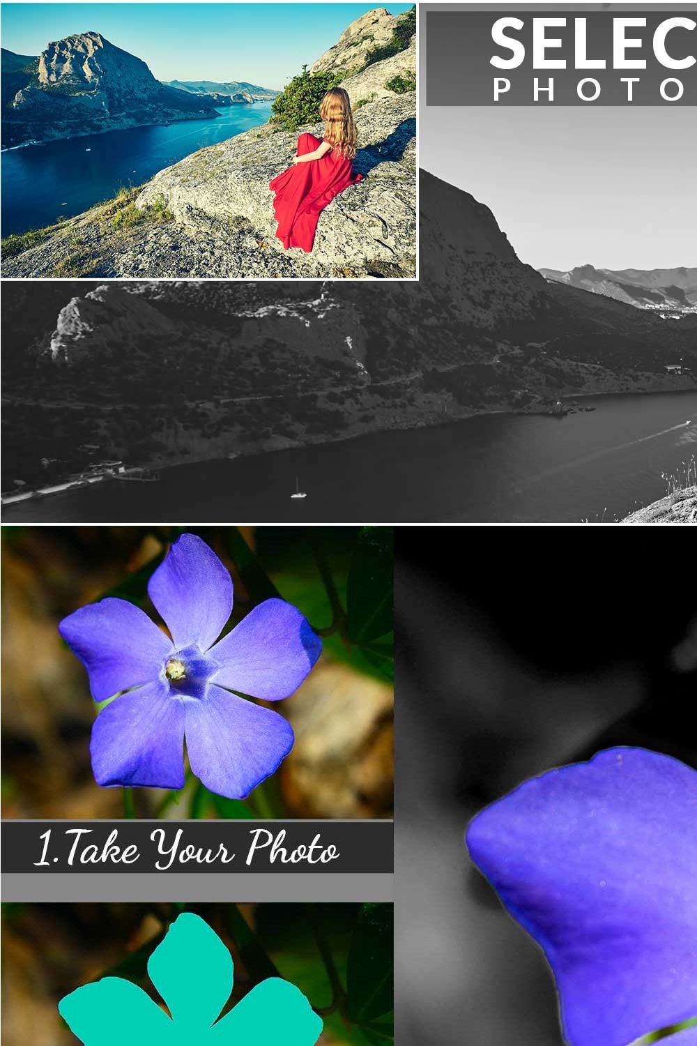 Selective color Photoshop Action pinterest preview image.