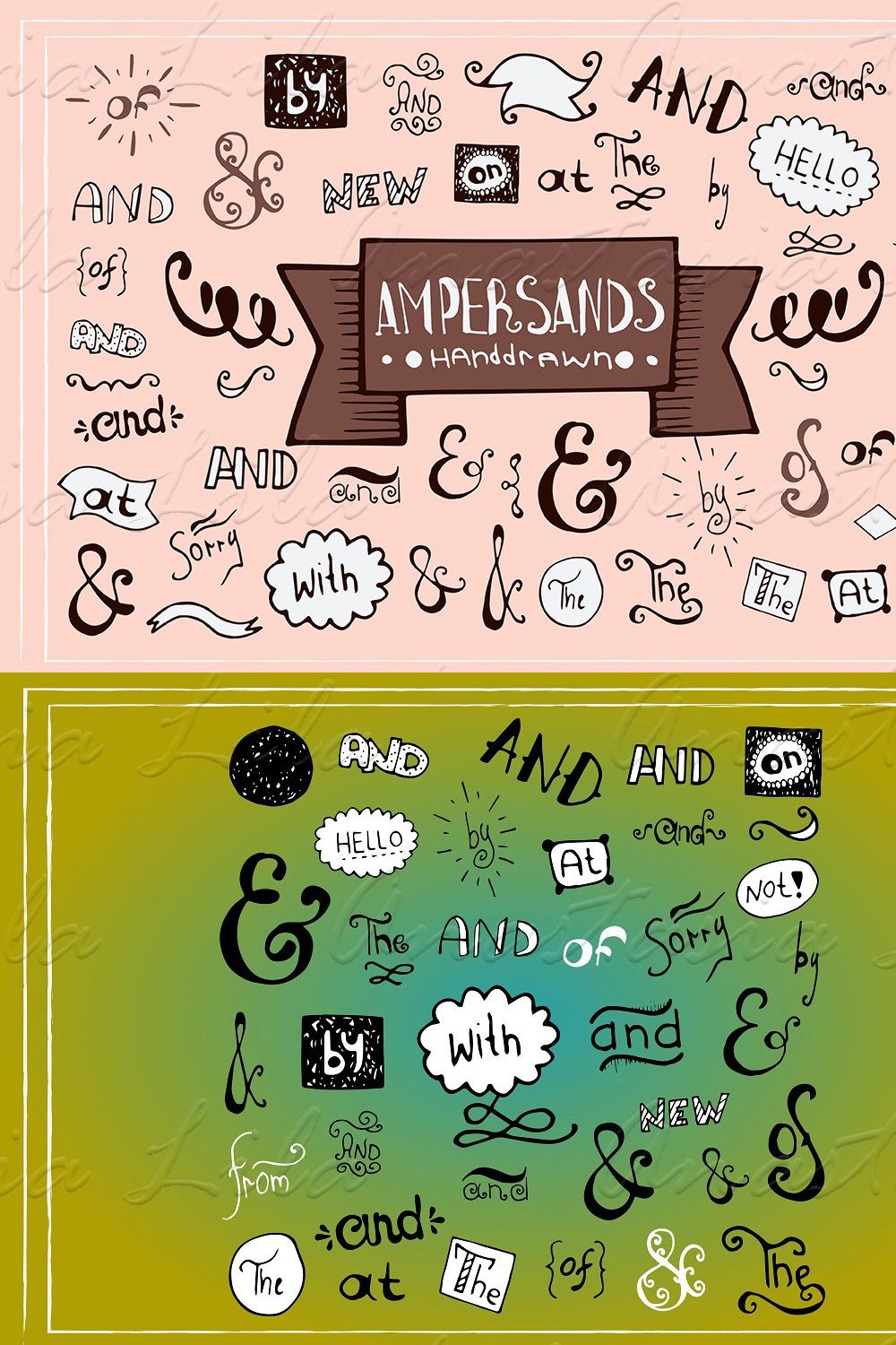 Set of hand-drawn ampersands pinterest preview image.