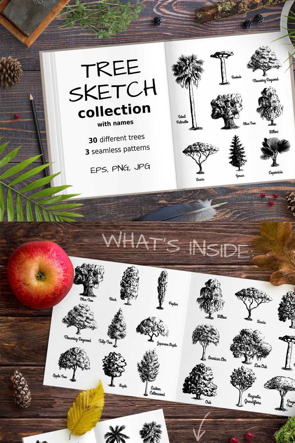 Set of Sketch Trees pinterest preview image.