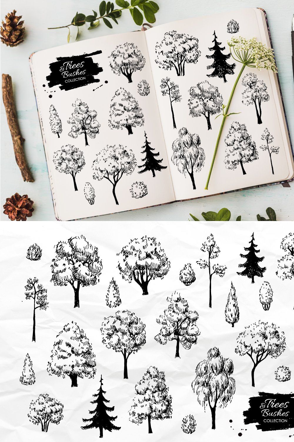 Sketch Set of Trees and Bushes. pinterest preview image.