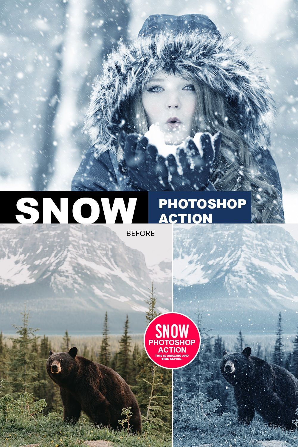 Snow Photoshop Action pinterest preview image.