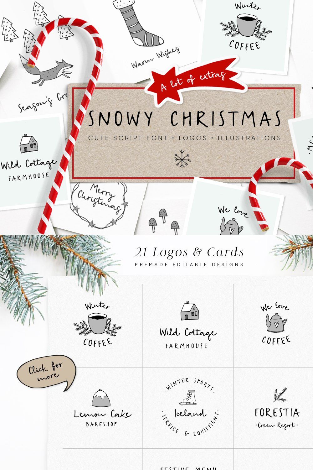Snowy Christmas script font & logos pinterest preview image.