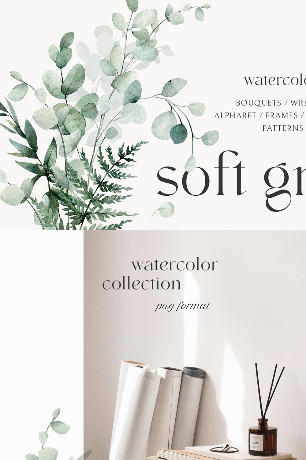 SOFT GREEN watercolor foliage pinterest preview image.