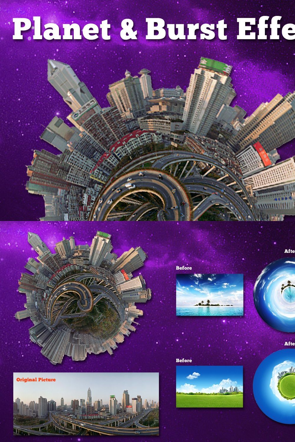Spherize Planet and Burst Effect pinterest preview image.
