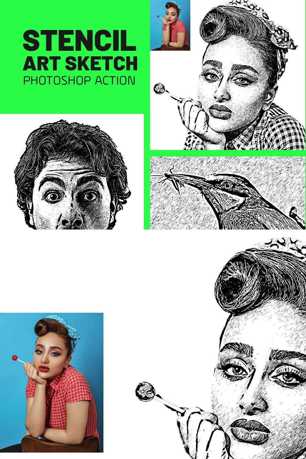 Stencil Art Sketch Photoshop Actions pinterest preview image.