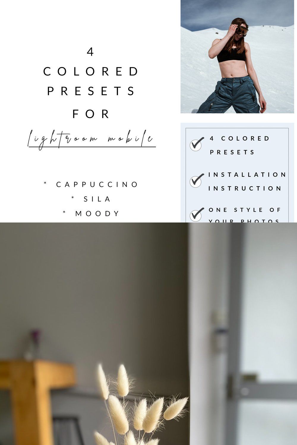 Stylish presets for Lightroom Mobile pinterest preview image.