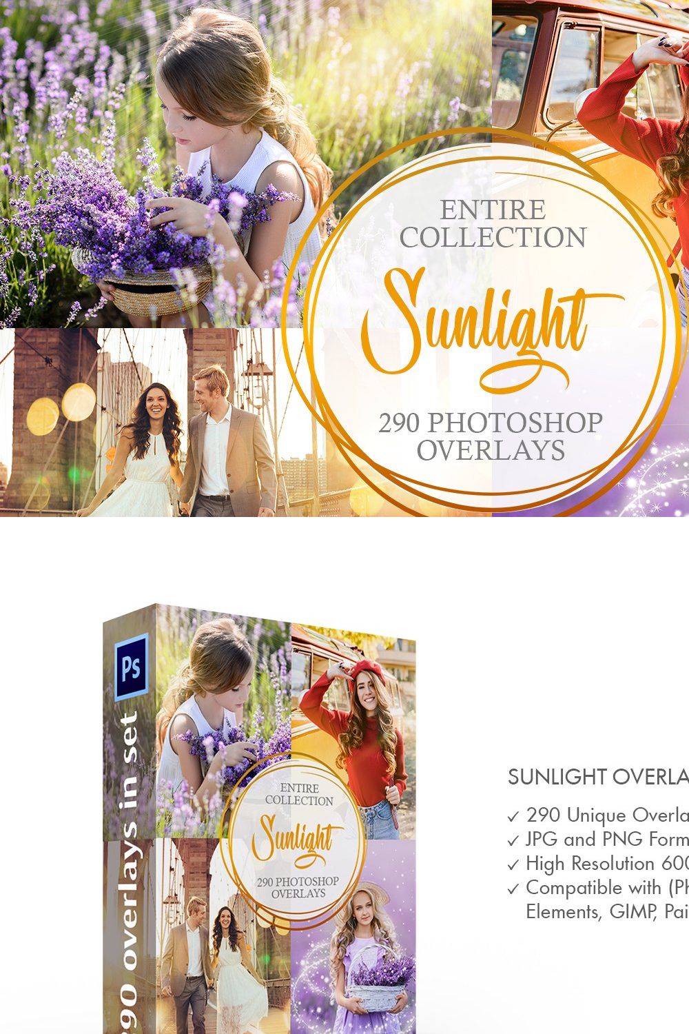 Sunlight Photoshop Overlays pinterest preview image.